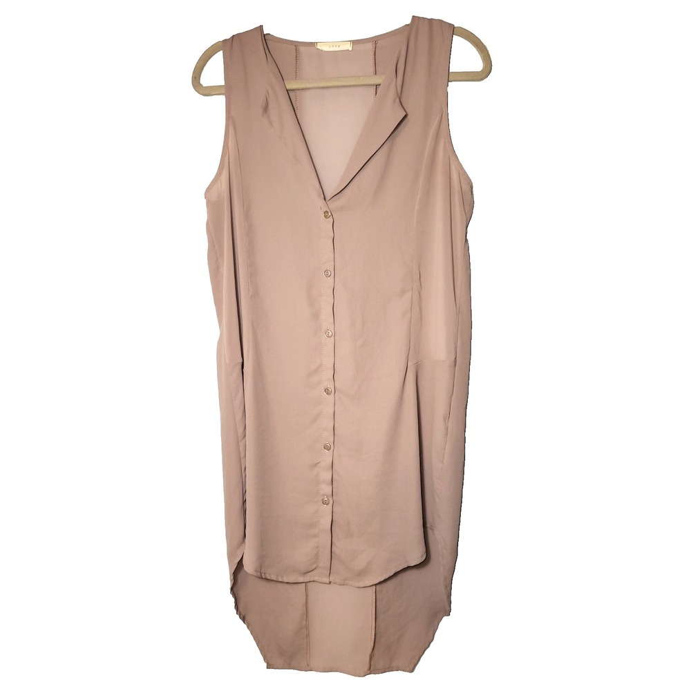 Lush Taupe‎ Button Front Overlay Sheer Sleeveless Dress Hi/Low Hem Large Y2K
